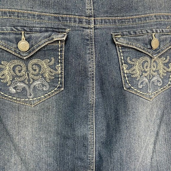 No Fuze Womens Jean Skirt 16 Blue Embroidered‎ Pockets Western Pencil Denim Slit - Picture 3 of 8